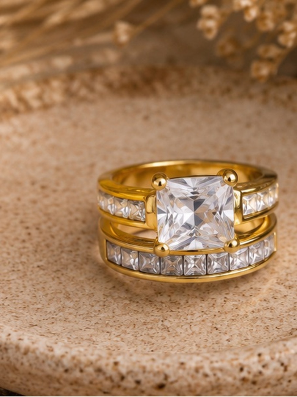Size 6 Gold Vacation Ring | CZ Solitaire Bridal Set | Designer Inspired